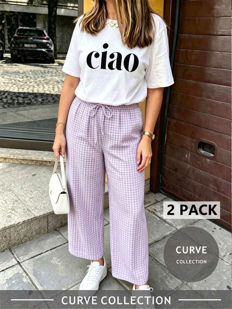 大尺碼女款「Ciao」標語藝術印花T恤 + 格紋寬腿褲 2件套 | 情人節必備,2026春夏優雅款 - 紫丁香色 - 查看 1