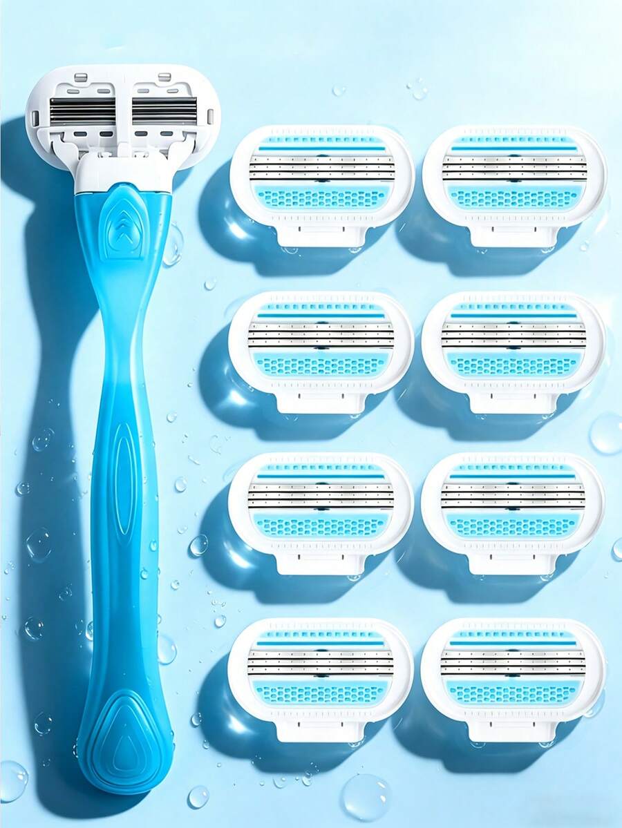 Bikini Razor For Women, 3-Layer Stainless Steel Blades, Hair Removal Razor Blades, Replaceable Razor Head, Hair Removal Tool For Private Areas, Underarms And Legs, Essential For Hair Salon Beauty Travel - Blue 1-blade Holder + 8 Blades - View 1