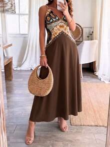 Plus Size Printed Patchwork Backless Sleeveless Vacation Dress Elegant Summer - Multicolor - View 3