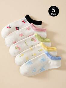 5 pares de calcetines cortos para mujer con estampado de flores, lazo y diseño de cereza, antideslizantes, sencillos y cómodos, adecuados para las estaciones de primavera y verano - Multicolor - Ver 4