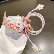5pcs/Set 3D Cream Glue Dopamine Color Floral Rainbow Rabbit UK 20W Charger Protective Case Data Cable Wrap Anti-Break Cable Sleeve - Rainbow Rabbit - View 3