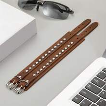 Pulseiras de Couro Legítimo com Punho Punk Metal Rock para Homens e Mulheres, Pulseiras com Contas de Metal, Pulseiras Ajustáveis Envolventes - Castanho - Visão 7