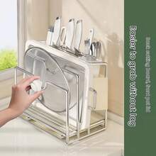 Knife Block And Holder Set: A Spacious, Multi-Functional Design That Includes A Cutting Board Rack, A Pot Lid Rack, A Kitchen Knife Holder, And A Kitchen Utensil Rack. Ideal For Kitchen Countertop Storage, This Set Comes With 4 Hooks And 1 Dish Towel - Apricot - View 3