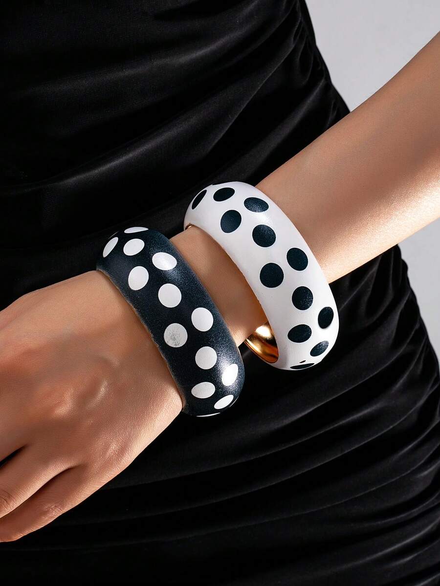 1/2pcs Black & White Polka Dot Bracelet Set, 2pcs Thick Metal Open Bangle, Vintage Fashion Women's Personalized Jewelry - Multicolor - View 1