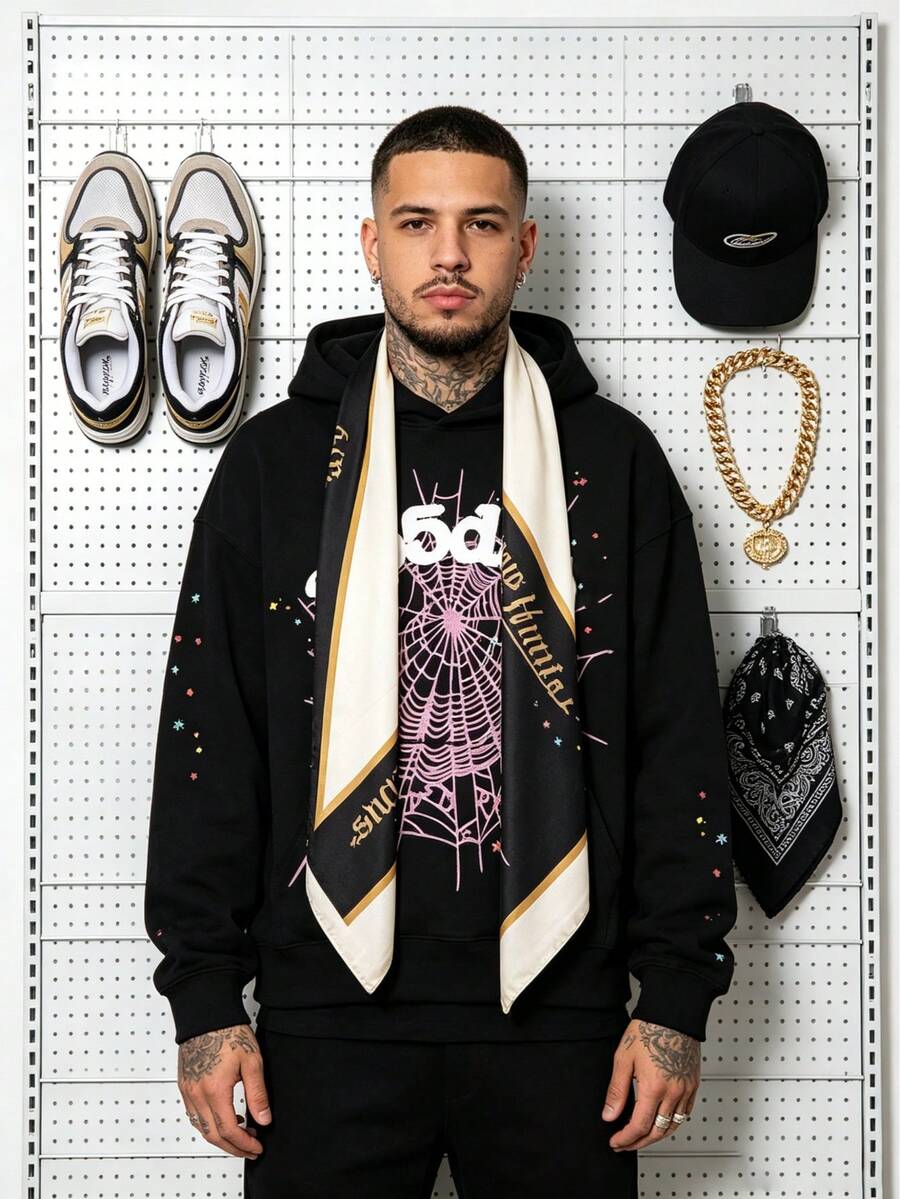 Men's Hip Hop Spider Web Pattern Graphic Alphabet Print Harajuku Vintage Hoodie Long Sleeve Street Wear Top For Both Men And Women Oversized Hoodies - 黑色衛衣 - 查看 1