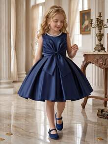 Young Girl Royal Blue Elegant Round Neck Beaded Decor Pleated Bow Tie Satin Short Dress For Birthday Party Celebration Wedding Flower Girl Princess Dress Prom Dress Back To School Graduation Ceremony Banquet Evening Gown - Royal Blue - View 5