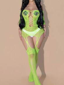 Bodystocking de red, lencería sexy cautivadora, diseño calado para prendas íntimas de mujer, irradia un encanto cautivador para la noche - Verde - Ver 3