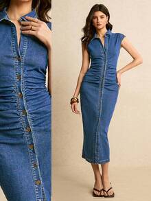 Women Denim Dresses - Medium Wash Blue - View 1