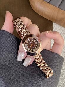 1件新款女款簡約休閒優雅歐中東風手鍊手錶，復古金色 - 咖啡棕 - 查看 2
