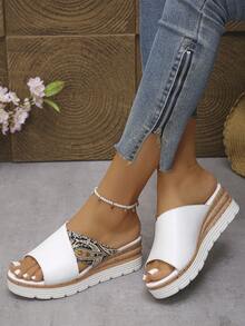 女款波希米亞印花拼接色塊坡跟厚底涼鞋，度假必備，時尚優雅坡跟拖鞋，適合購物與觀光，白色涼鞋 - 白色 - 查看 1