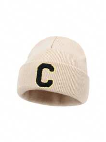 1 pieza Gorro de punto con letras A-Z para niños, gorro de punto de unicolor y cálido, adecuado para recién nacidos en el hospital, bebés, niños pequeños, niños y niñas, perfecto para uso al aire libre y diario - Beis - Ver 7