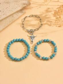 3pcs Western Cowboy Style Turquoise Beaded With Bull Head Pendant Metal Chain Bracelet Set, Fashion Layering Bracelet Set For Women, Vacation Style Hand Jewelry, Suitable For Beach Vacation, Date, Music Festival, Daily Wear - Multicolor - View 2