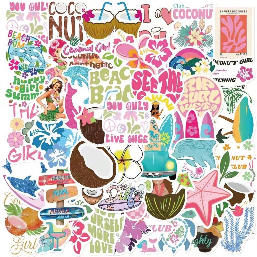 60Coconut Girl Stickers Summer Stickers Cute Stickers Fun Stickers Beach Stickers Cartoon Stickers Aesthetic Stickers Vinyl Stickers For Water Bottles, Hydro Flasks, Guitars, Luggage, Phones, Phone Cases, Laptops, Skateboards, Etc., Gifts - Pink - View 1