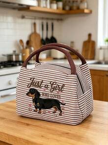 Dachshund Lover Exclusive Printed Striped Tote Bag, Soft Girly Style Daily Handbag; Durable And Wear-Resistant, Ideal For Carrying Essentials; Simple Handle Design, Easy To Carry; Fresh Stripes Paired With Cute Dachshund Pattern And Heart Paw Prints, Showcasing Playful Charm. - Multicolor - View 4