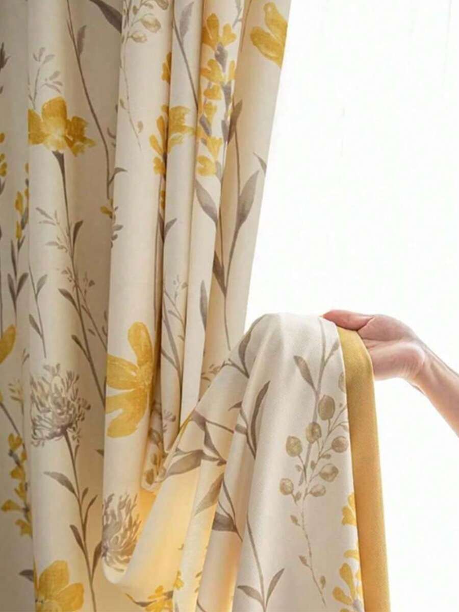1pc Colorful Floral & Yellow Orchid Printed Curtain Sheer - Multicolor - View 1