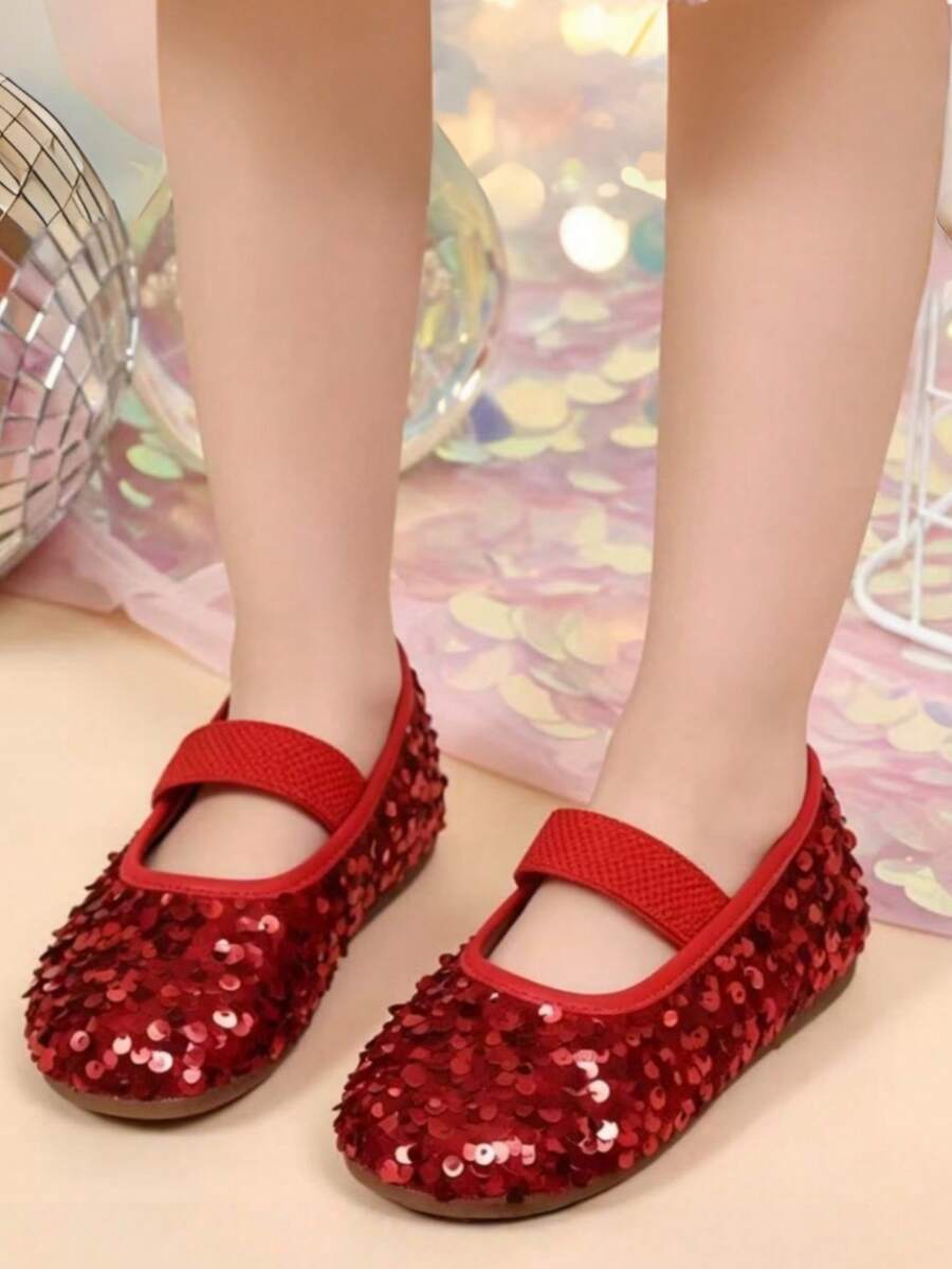 Zapatos planos para niños primavera otoño nuevo estilo niñas exterior casual moda versátil zapatos planos con lentejuelas rojas brillantes zapatos de actuación escolar para niñas zapatos de estudiante zapatos de princesa zapatos de baile para niños - Rojo - Ver 1