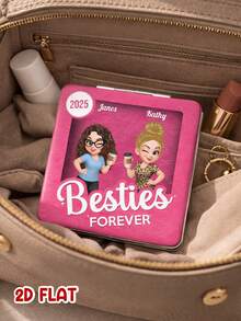 Catygift 個性化客製化 Besties Forever 摺疊口袋化妝鏡，可客製姓名與年份，Q版好朋友設計，送給閨蜜的友誼禮物 - 彩色 - 查看 2