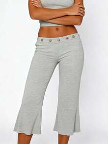 Y2K Summer Beach Low Rise Cropped Flare Pants With Metal Eyelet Waistband High Waist Slimming Bootcut Capri Pants Multi Solid Colors - Light Grey - View 5