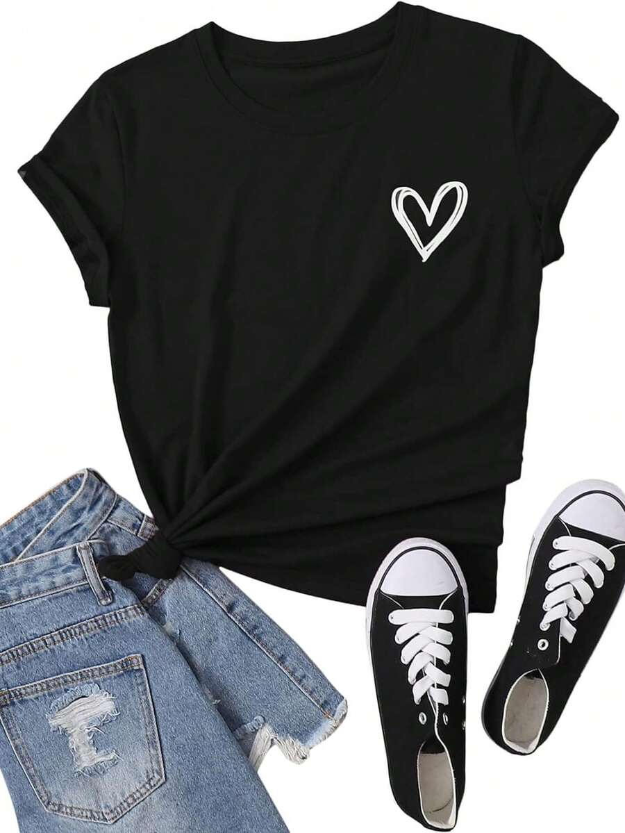 Camiseta de manga corta para mujer con estampado de letras y diseño tie-dye - Negro - Ver 1