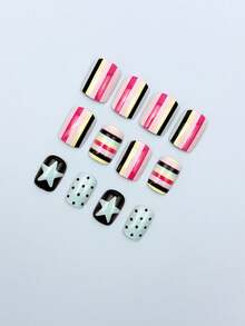 24 piezas de uñas postizas cortas cuadradas, estilo Y2K Millennium, rayas multicolor, pentagrama azul, patrón de lunares negros, estilo dulce y cool girl, pegatinas para uñas, adecuadas para uso diario, baile, fiesta de vacaciones + 2 piezas de accesorios de herramientas para arte de uñas - Multicolor - Ver 4