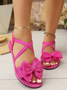 Damen Mode Schleife Strand Sandalen, Kreuzriemen Design, Schleife Flache Sandalen, Elastisches Band Damen Sandalen, Sommer Outdoor Bequeme Sandalen - Heißes Pink - Übersicht 4