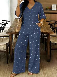 Plus Size Summer New Styles Dark Blue With White Dots Pattern Women's V-Neck Short Sleeve And Long Pants Set Soft And Comfortable 2pcs - 白色 - 查看 1