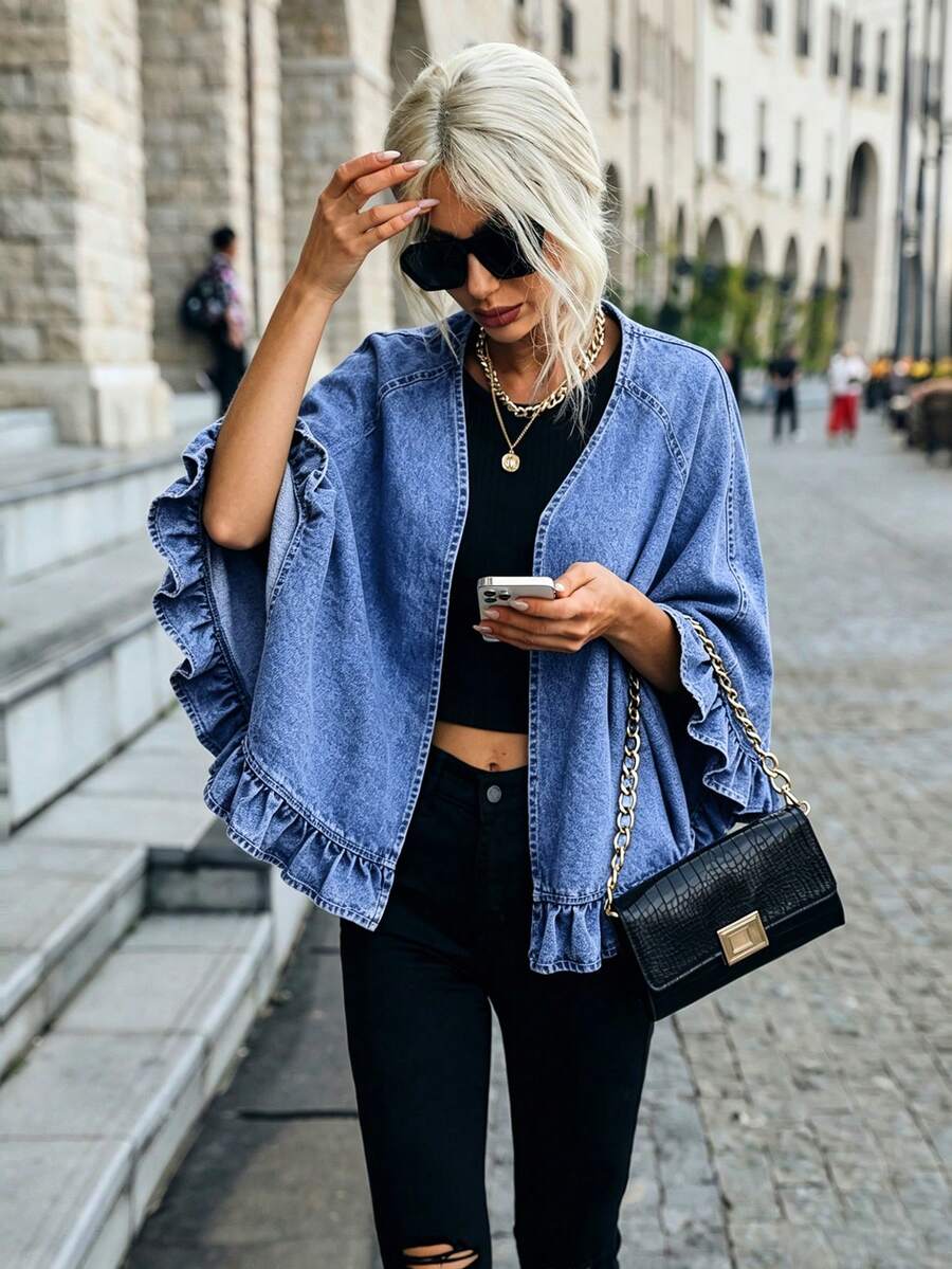 Atasan Denim Kasual Elegan Mobula Sound dengan Trim Berkerut/Bergelombang, Serbaguna untuk Mode Musim Semi/Panas, Bohemian, Liburan, Pakaian Sehari-hari, Perjalanan, Bandara - Biru - View 1