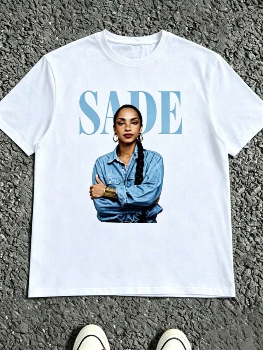 Unisex Graphic Tees, SADE Vintage Black White Singer Portrait Print, Retro Summer Short Sleeve Shirts - White 2 - View 1