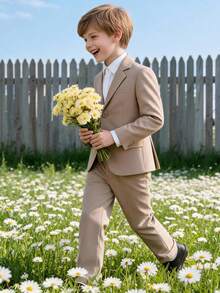 2pcs Boys Formal Suit Set, Lapel Blazer With Matching Pants, Suitable For Graduation, Pageant, Banquet And Other Formal Occasions, Champagne Color, 4-16 Years Old - Khaki - View 1