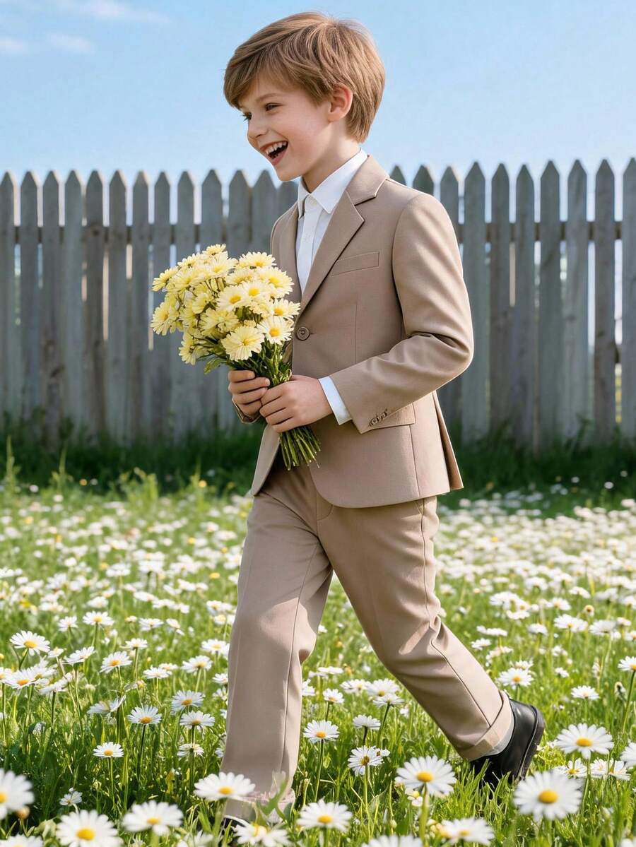 2pcs Boys Formal Suit Set, Lapel Blazer With Matching Pants, Suitable For Graduation, Pageant, Banquet And Other Formal Occasions, Champagne Color, 4-16 Years Old - Khaki - View 1