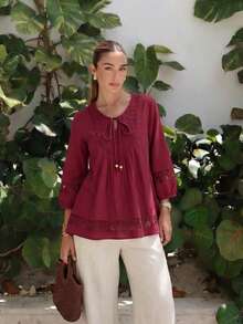 Blusa suelta casual con cuello de encaje de parche y lazo delantero, unicolor, primavera y verano rojo - Rojo - Ver 6