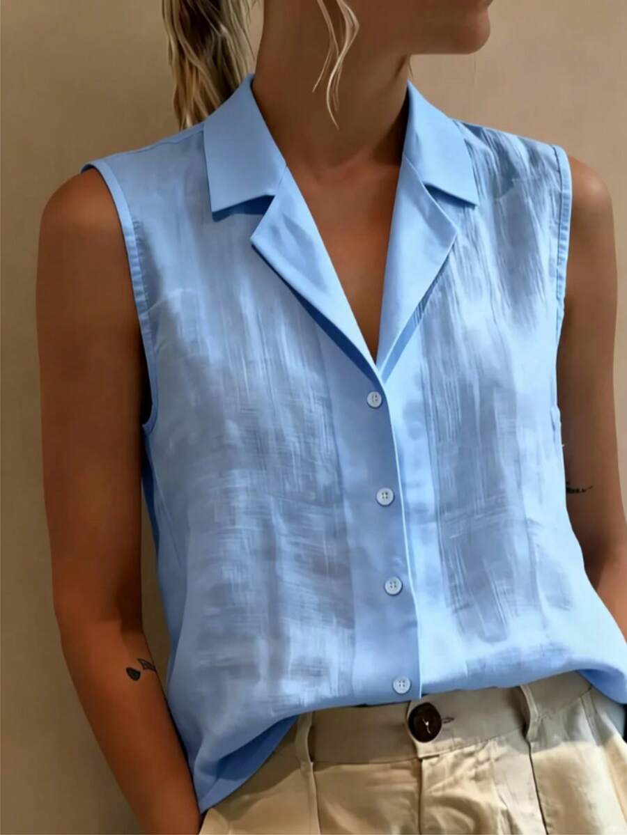 1件女款日常通勤極簡舒適透氣優雅休閒純色亞麻背心上衣，聚酯纖維前開鈕扣上衣，適合春夏單穿、秋季疊穿，居家、旅行、度假、辦公穿著 - 碧水藍 - 查看 1