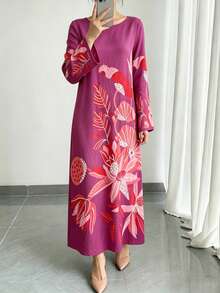 1pc Women's Orange Floral Print Casual Dress With Ruffle Sleeves, Elegant Arabic Style Maxi Dress, Luxury Party/Holiday/Vacation Dress, Perfect Gift For Mom, Daughter, Friend - Hot Pink - View 10