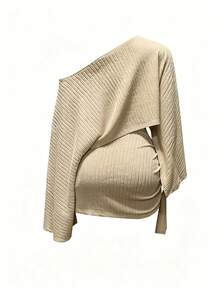 Ensemble Top Court Asymétrique Blanc Texturé & Mini-Jupe Taille Haute à Nœud, Chic Élégant pour les Vacances - Kaki - Voir 3