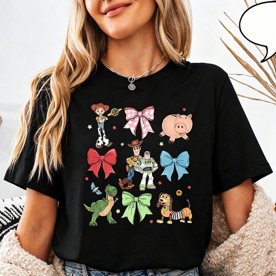 Loose Fit Unisex Pure Cotton T-Shirt, Disney Toy Story Tee Featuring Jessie Woody Buzz And Coquette Bows Casual Daily Short Sleeve Tee - 黑色 - 查看 1