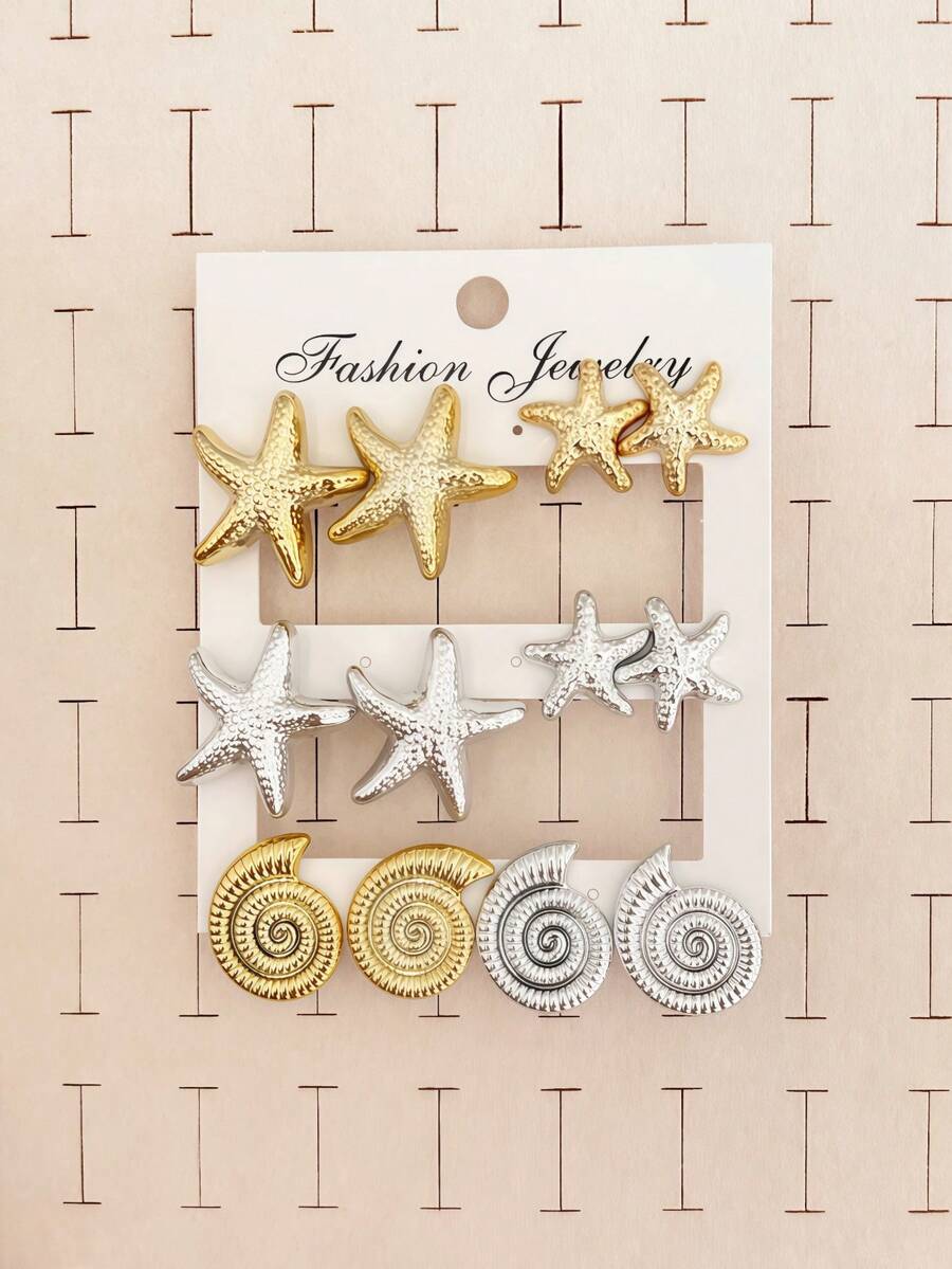 1/6 Pairs Gold & Silver Starfish Shell Earring Set Beach Holiday - Multicolor - View 1