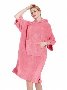 1pc Thickened Microfiber Warm Absorbent Soft Solid Color Embroidered Home Swimming Fitness Travel Beach Surfing Cape Cloak Bathrobe - Pink - View 5