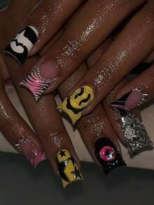 24pcs Y2K Long Duckbill Star Leopard Print French Press-On Nails, Rhinestone And Stud Decor, Acrylic Fake Nails Set, Includes: 1pc Jelly Glue And 1pc Nail File. Gothic Style. - Multicolor - View 2