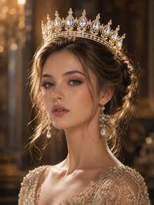 KOVLYNE 1Pc Gold Plated Crystal Crown - Teardrop Rhinestone Full Round Tiara, Styling Supplies For Wedding, Prom & Pageant - Multicolor - View 21