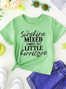 Camiseta Casual de Manga Corta con Estampado de Letras Sencillas "Girl Sunshine MIXED with a LITTLE Hurricane" - Versátil - Verde - Ver 2
