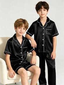 Tween Boy Black Mottled Collar Short Sleeve Single-Breasted Top And Shorts/Pants Casual Pajama 3-Piece Set - Black - View 4