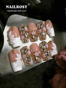 nailrosy 10片粉色與白色手工方形美甲貼紙 - 3D Y2K方形美甲貼花，可重複使用假指甲，水鑽彩色法式指尖 - 粉色 - 查看 12