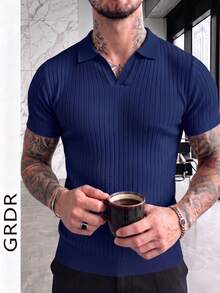 GRDR Suéter de punto de manga corta con cuello de aviador estriado de unicolor para hombre, adecuado para salidas de verano, esencial para un estilo de moda - Azul - Ver 6