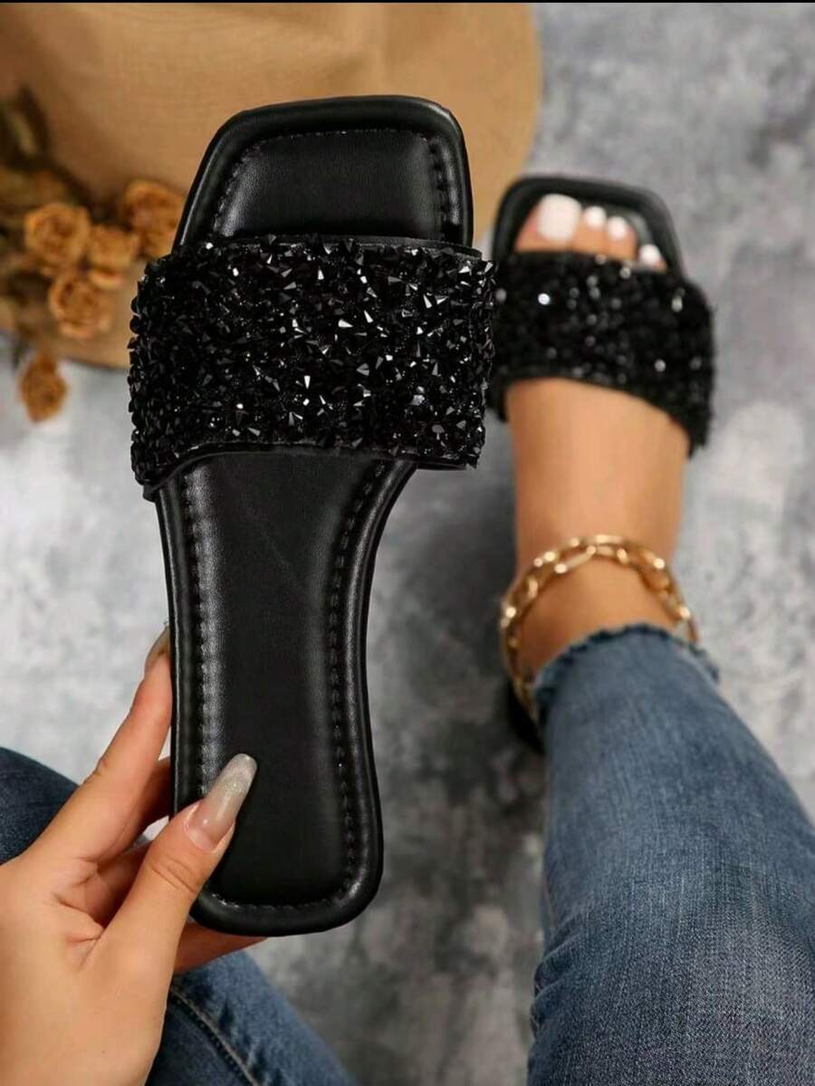 1 Pair Flat Slide Sandals/Solid Color Flat Design Shiny Upper Exquisite Design Rhinestone Decor Easy To Put On And Take Off Easy To Clean Elegant Sophisticated Fashion Versatile Suitable For Daily Wear Shopping Dating Vacation Travel Must-Have Slide Sandals