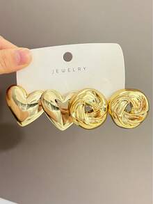 8 Pairs Fashionable Heart Geometric Multi- Gold Metallic Earring Set, Women's Fashion Earring Set, For Daily Wear - Yellow Gold - View 8
