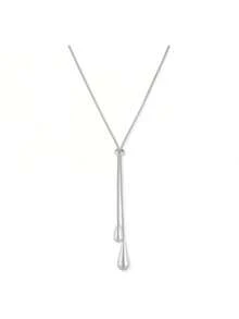 RAYQUEEN Stainless Steel Oval Large Water Drop Pendant Pull-Chain Necklace + Earrings Set, Personalized Jewelry Set - Silver - View 9