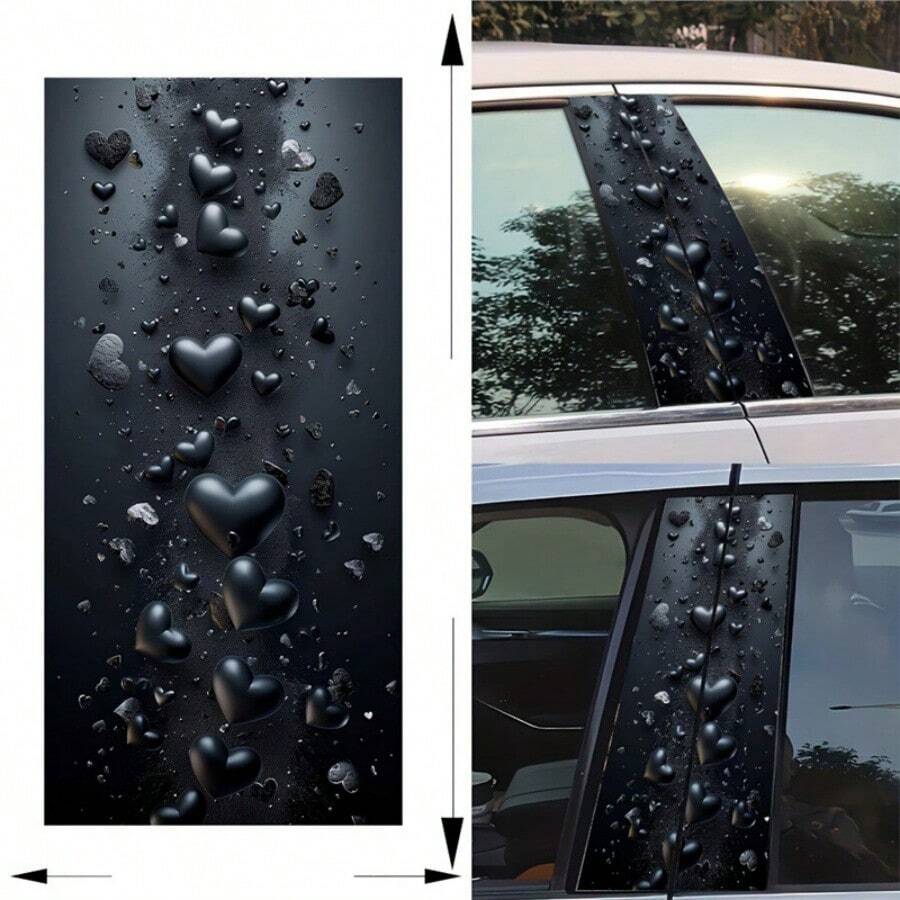 Black 3D Heart-Shaped Car B-Pillar Sticker With Simulated Water Droplet Effect, Universal Car Window Pillar Modification Decoration Sticker. - 2PCS - View 1