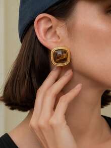 1 Pair Women's Stainless Steel Gold Thick Square Stud Earrings, Faux Tiger Eye Stone Geometric Earrings, Vintage Exaggerated Luxury Fashion 18k Gold Plated Jewelry, Suitable For Daily Wear And Party Outfit - Gold - View 3