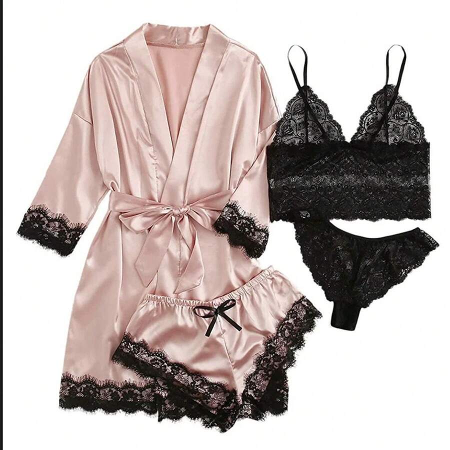 Sexy Women's Pajamas, Nightgowns, Lingerie, Shorts, 4-Piece Lace Camisole, Pajama Set, Loungewear, Nightgowns, Leisurewear - 粉色 - 查看 1