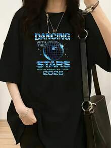 Camiseta unisex de manga corta, camiseta vintage de disco para mujer "Dancing with the Stars" 2026 Tour, de poliéster suave, corte holgado, cuello redondo, estilo y2k, ropa deportiva. - Negro - Ver 1